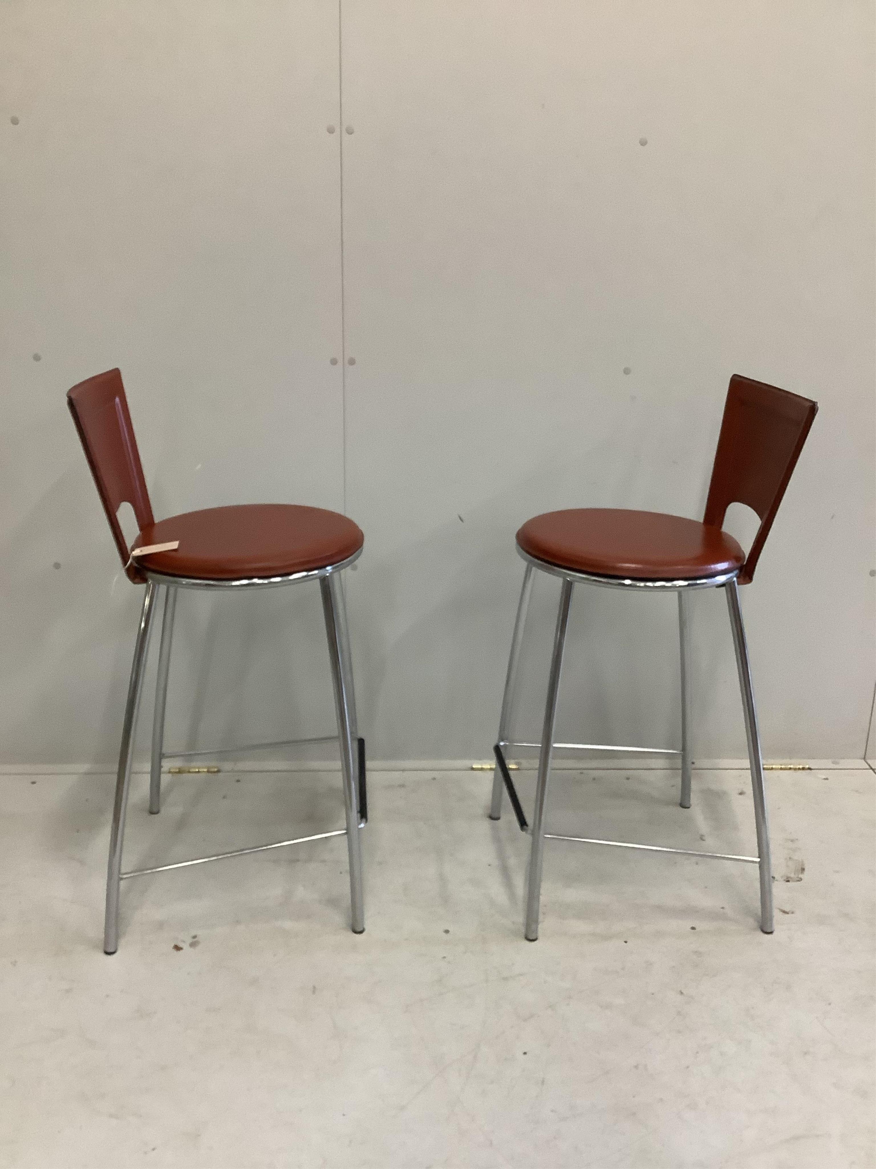 A pair of contemporary bar stools, height 92cm. Condition - fair